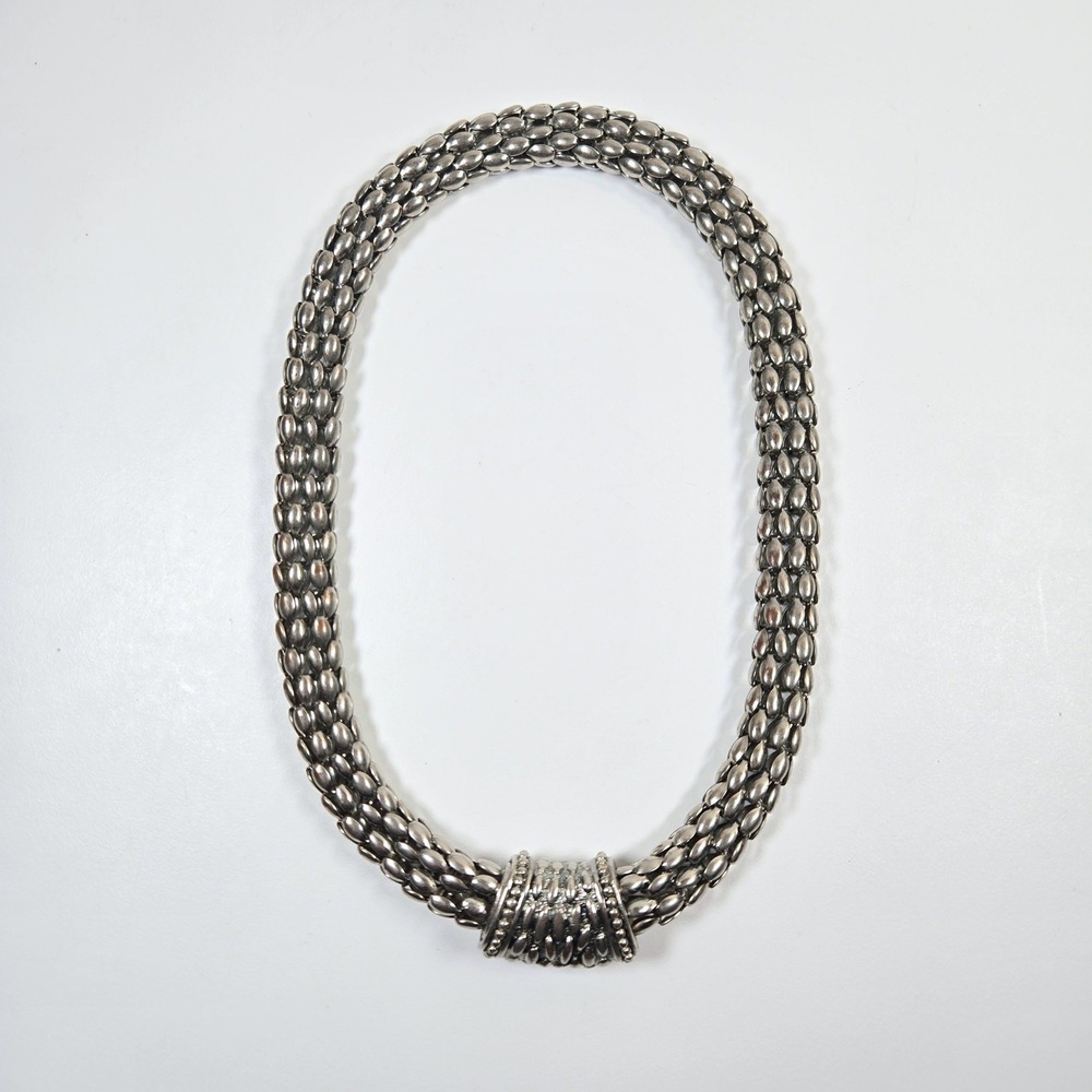 Vintage Silver Tone Popcorn Mesh Statement Necklace Magnetic Barrel Clasp 18 in.